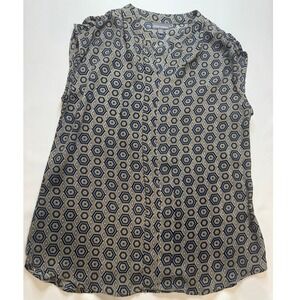 Roz & Ali Sleeveless Blouse Women Small Navy Tan Geometric Hexagon Excellent